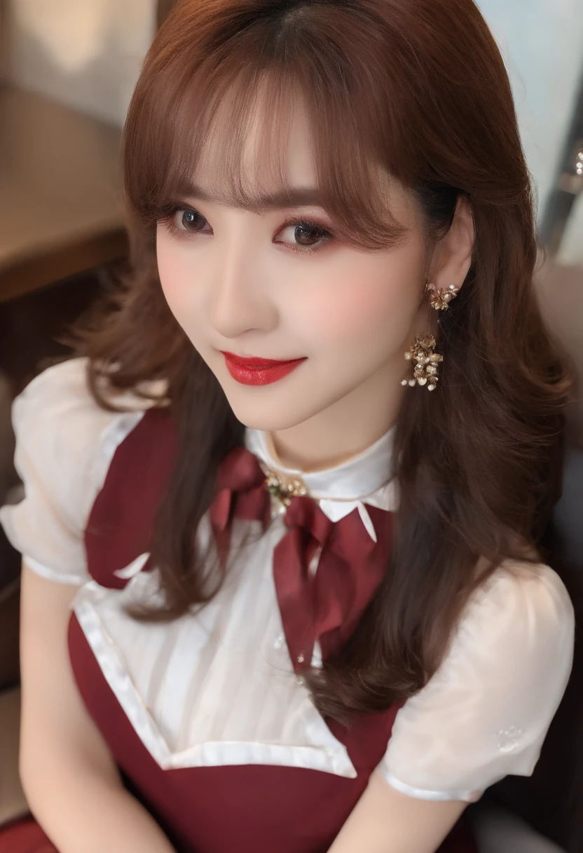 8K raw photos、Beautuful Women:2.0、24 years of age、jpn、Cute Baby Turtle、nedium breasts、((cheer girl:1.5))、A miniskirt、Beautiful eyes finely detailed、eyeslashes、((Brown eyes:1.2))、beautiful double eyelid、eye shadows、Perfect eye makeup、((A smile:1.6))、beautiful and thin legs、(maroon hair)、Medium hair、Fluffy hair、stadio、Daytime、latina、Photorealsitic:1.9、Sexy navel、Skinny legs、tthin eyebrows、tear bag、lofty nose、((Highly sexy))