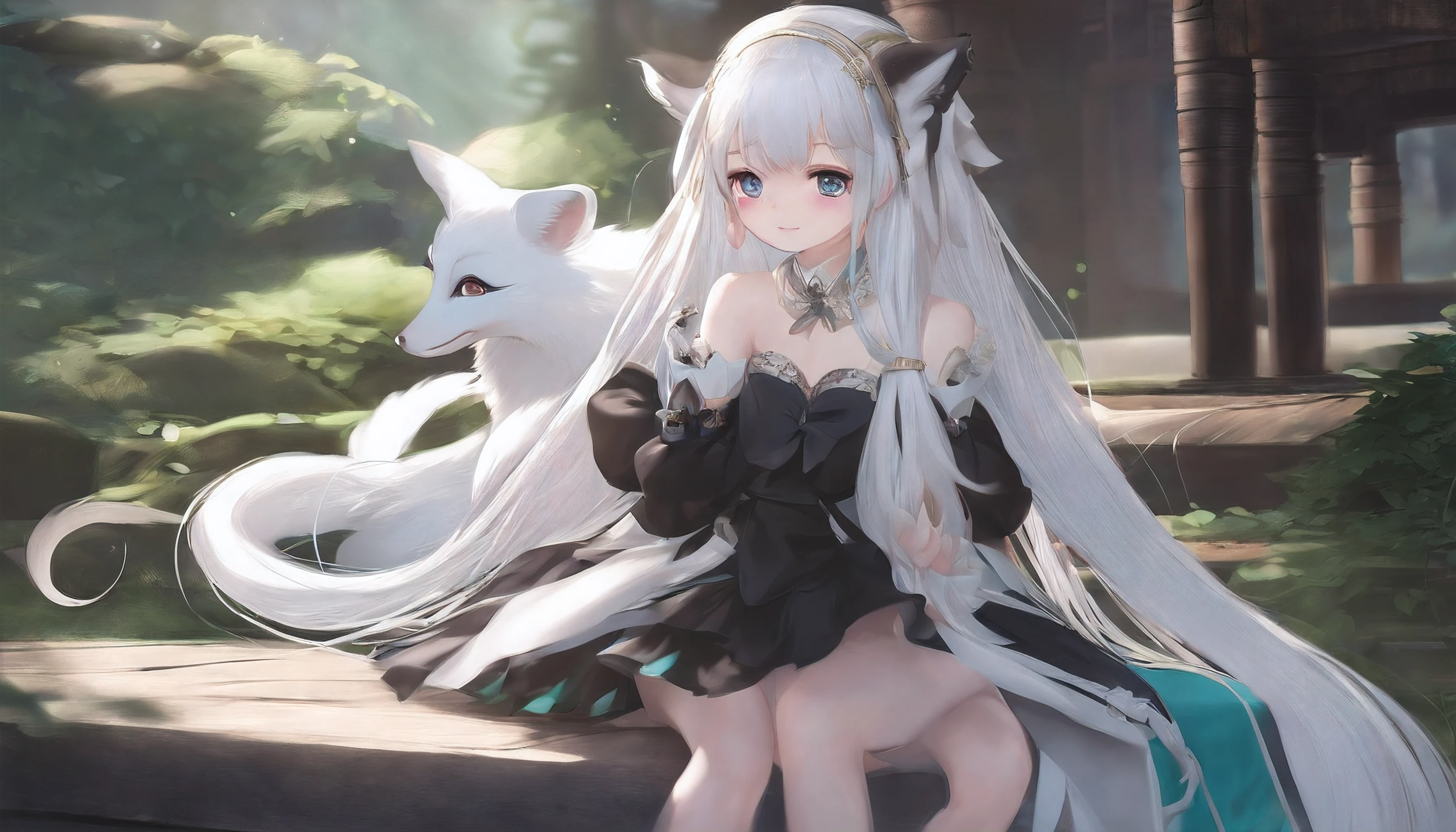 a cute ,fox spirit,Long straight white hair,Short white sleeves and short black skirt open navel,duck sitting,Cyan vertical pupils,Wearing white stockings