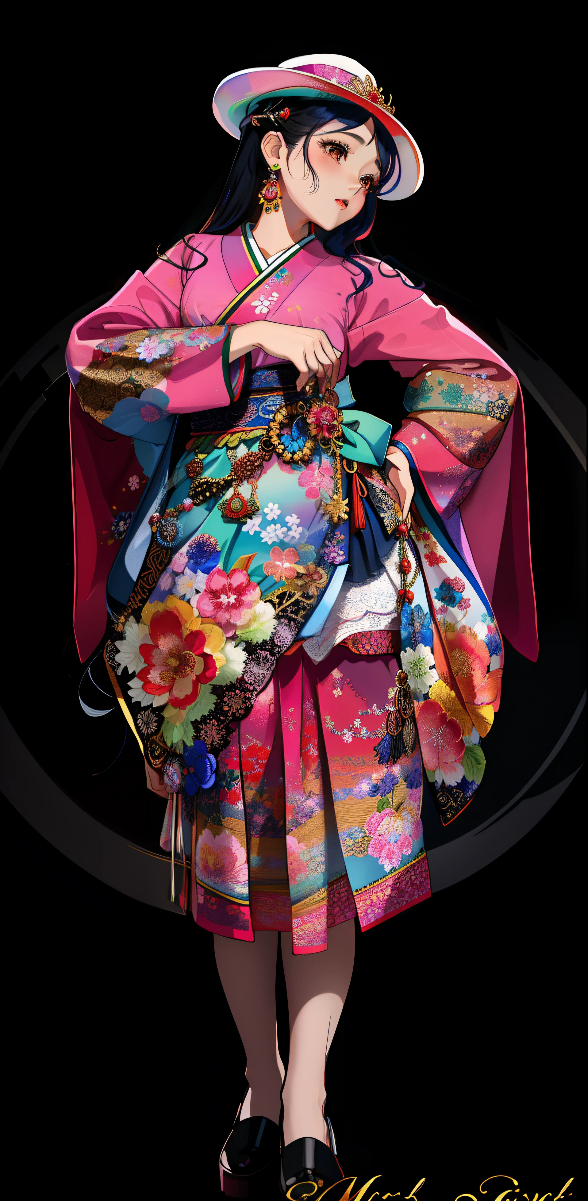 Un primer plano de una mujer con un vestido colorido y sombrero, Colorful and rich fantasy clothing, Llevar ropa de seda ornamentada, Kimono altamente detallado, intrincado kimono de geisha, Intrincada obra maestra colorida, Llevar un atuendo adornado, Altamente intrincado en Technicolor, Colorida e intrincada obra maestra, Usar ropa ornamentada, Altamente intrincado y colorido, vestido con seda colorida, Hanbok coreano, Hanbok