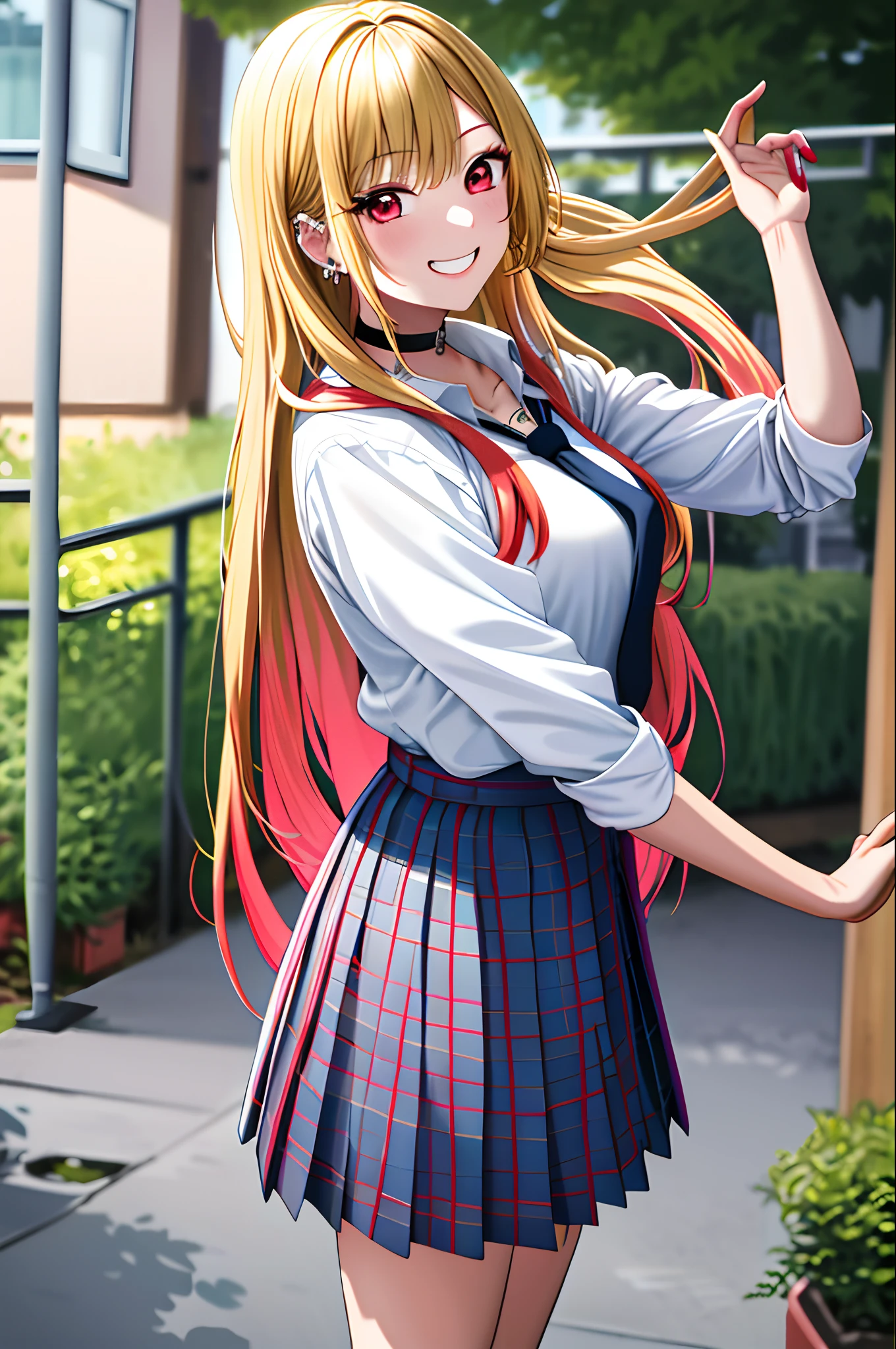 masterpiece, best quality, highres, kitagawa marin, 1girl, blonde hair, long hair, multicolored hair, red eyes, jewelry, earrings, piercing, school uniform, white shirt, tied shirt, black choker, blue necktie, plaid skirt, grin, smile, standing, cowboy shot, outdoors,