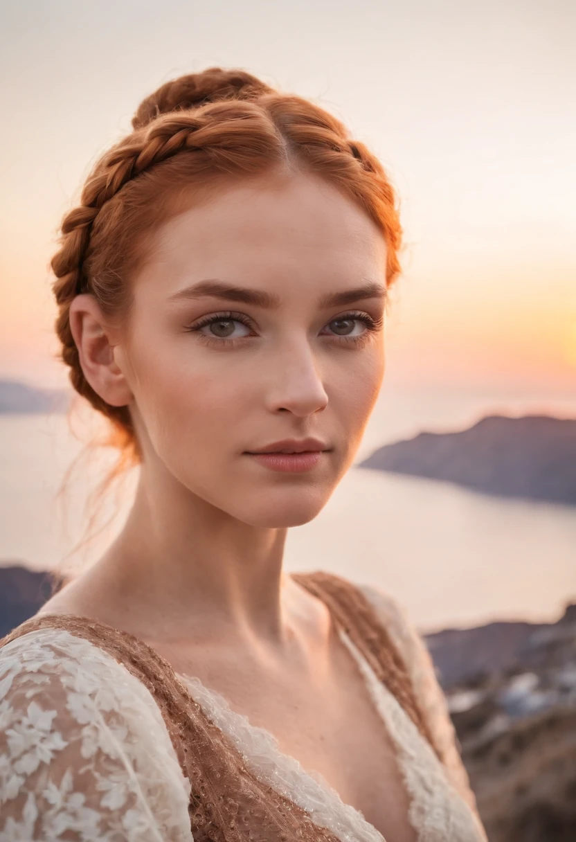 A beautiful young and beautiful attractive girl with ginger braided hair in a bun wearing glamorous makeup, watching the sunset in Santorini, Greece. looking at the camera, Meio Corpo, fotorrealista,medium shot