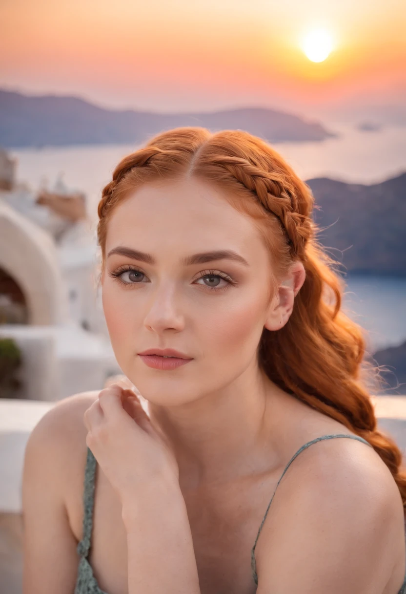 A beautiful young and beautiful attractive girl with ginger braided hair in a bun wearing glamorous makeup, watching the sunset in Santorini, Greece. looking at the camera, Meio Corpo, fotorrealista,medium shot
