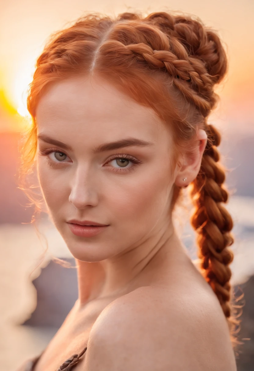 A beautiful young and beautiful attractive girl with ginger braided hair in a bun wearing glamorous makeup, watching the sunset in Santorini, Greece. looking at the camera, Meio Corpo, fotorrealista,medium shot