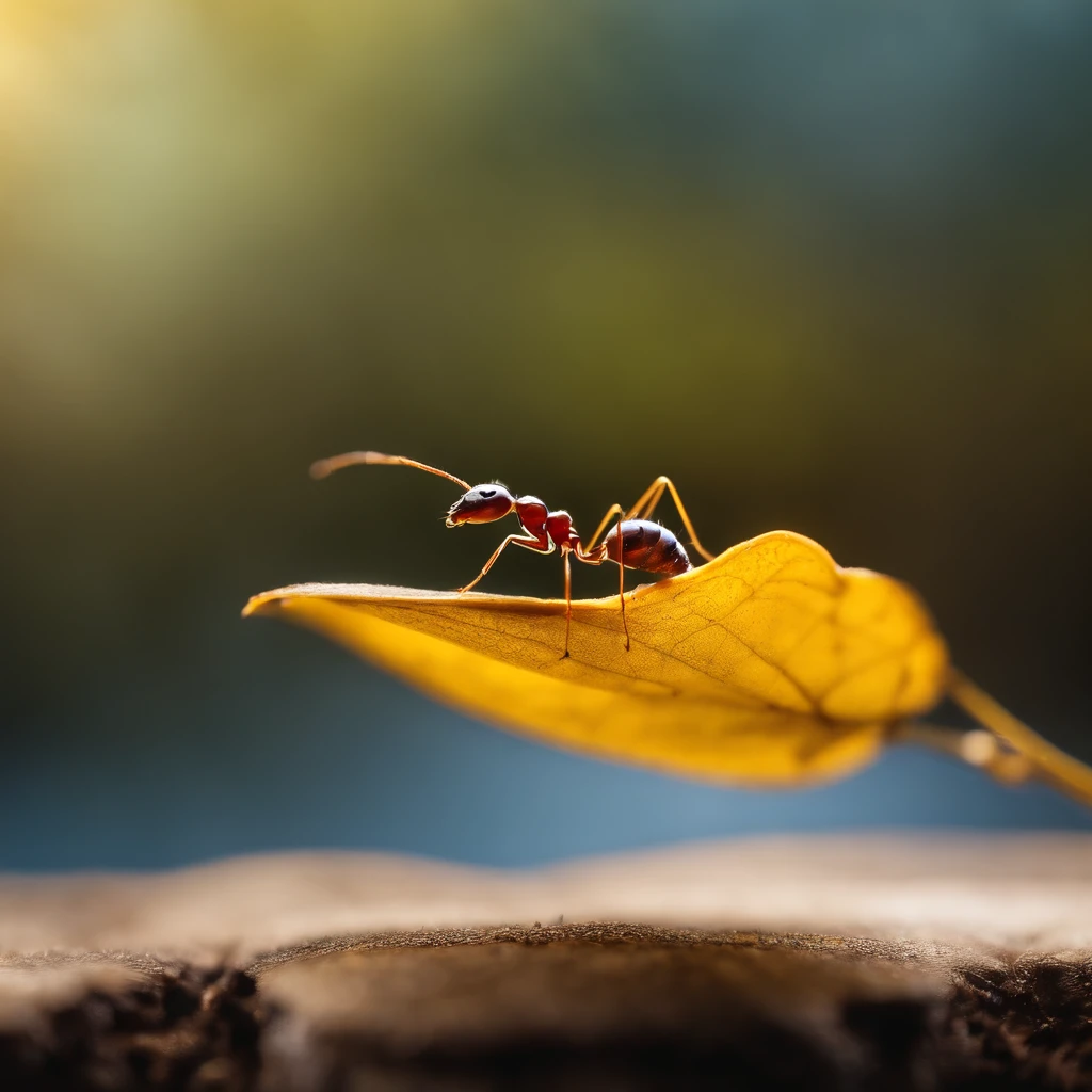 an ant standing on a piece of a golden floating leaf in the air