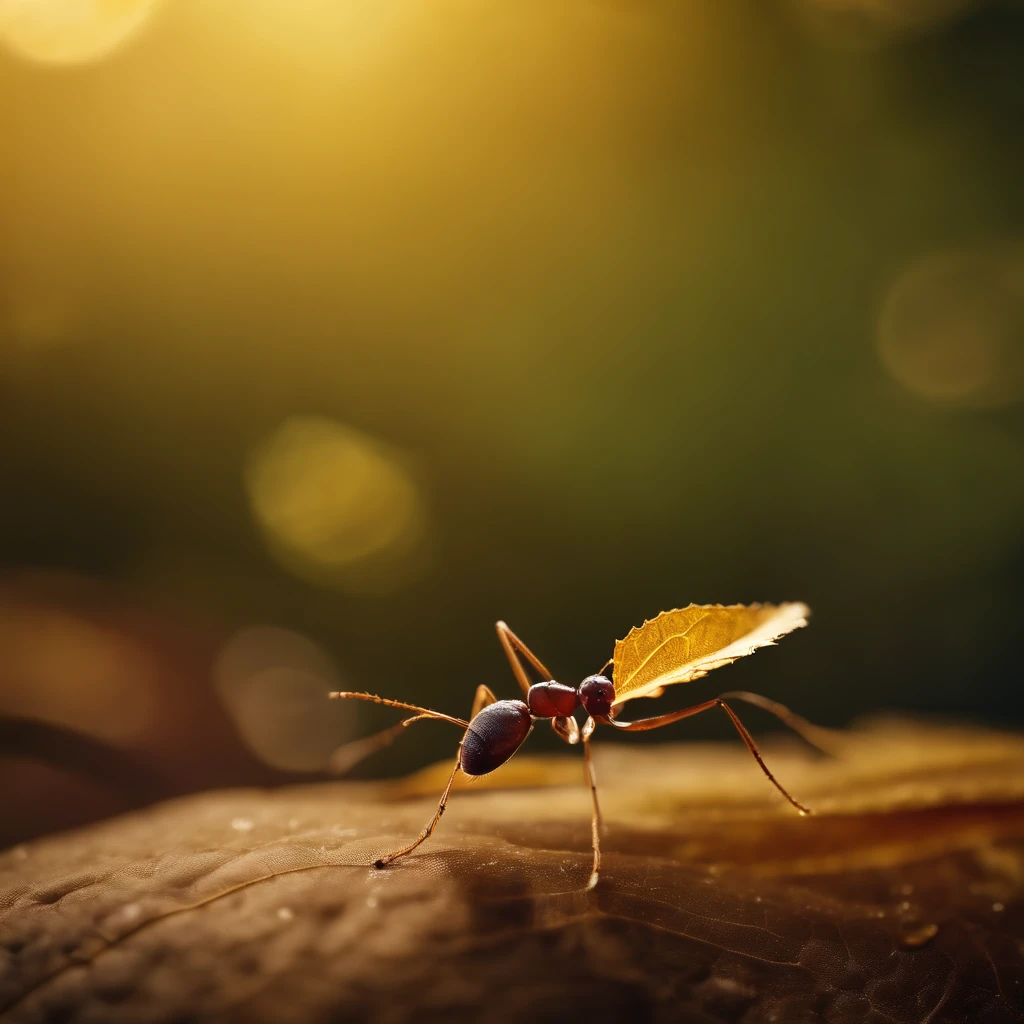 an ant standing on a piece of a golden floating leaf in the air