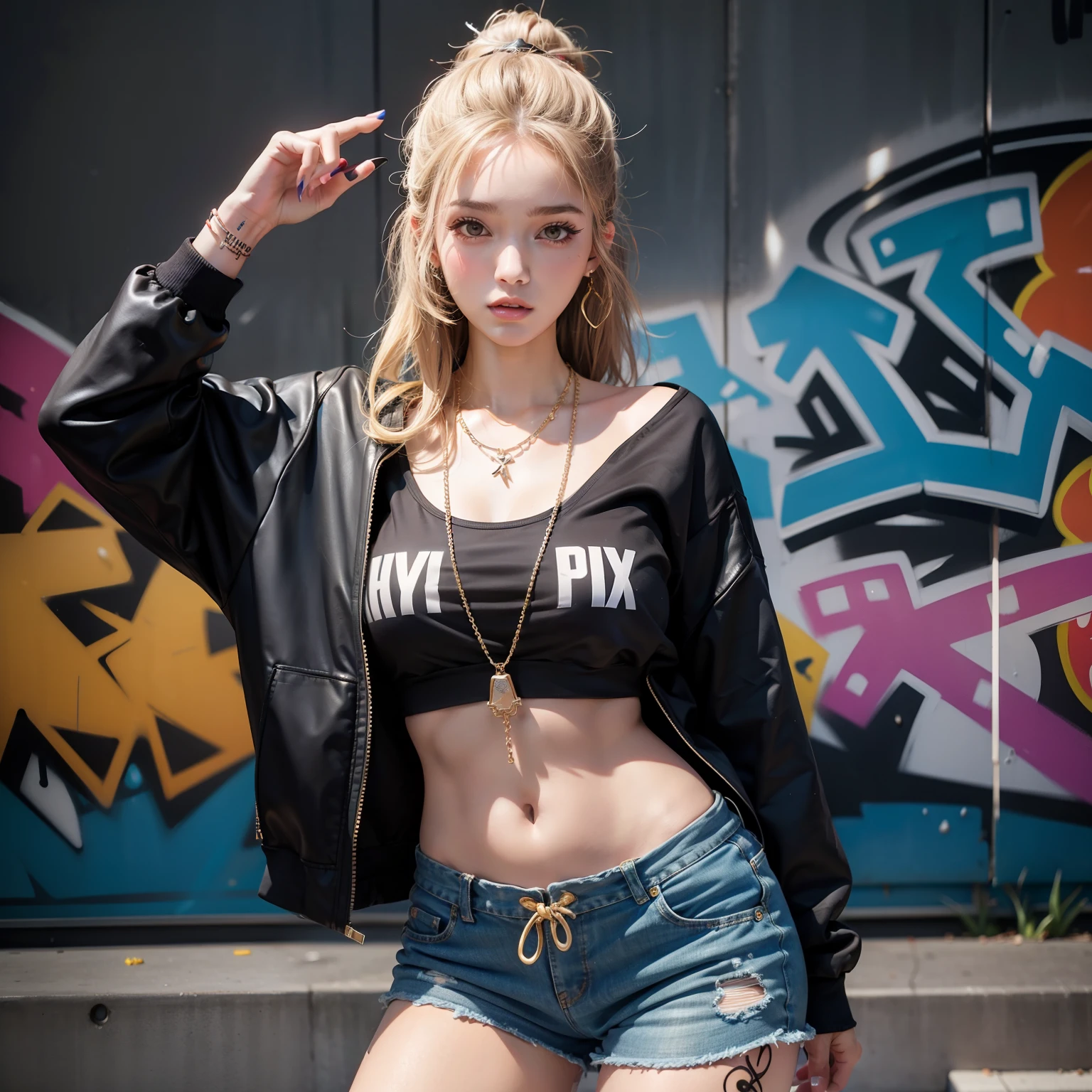 one pretty woman,Sexy figure,Bumpy figure,Fair face,Sweatshirt shorts to wear,Tattooed with,hip hop style,Graffiti walls,Wearing an exaggerated necklace,