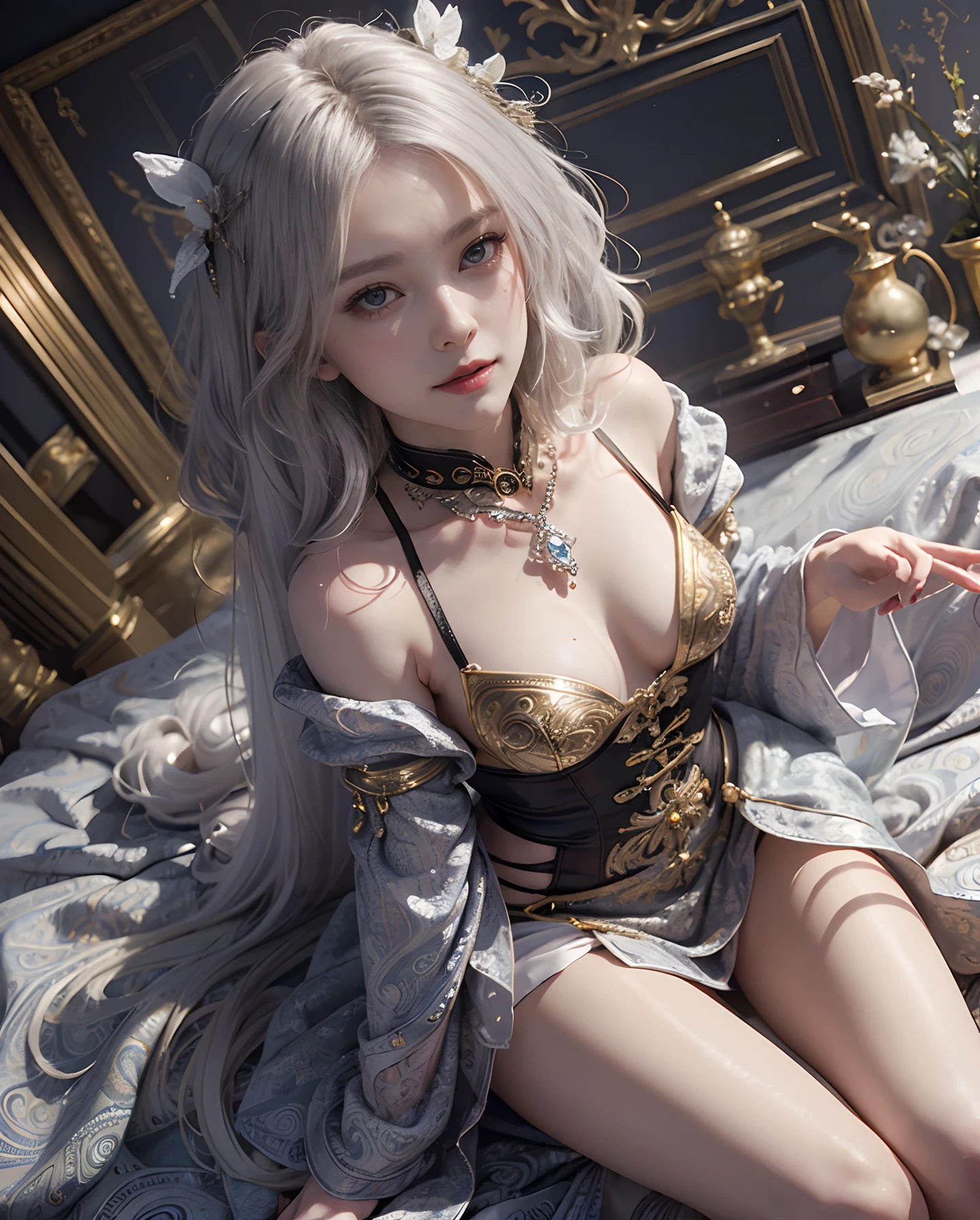 masutepiece、hight resolution、Paisley pattern wallpaper 、Intricately drawn paisley pattern、10,000 colors、colourfull、Craftsmanship、25 years old women、1girl with、9th class、Look at the viewer、smil、Silver hair、Okappa、Diamond brilliance、colorful decorations、Particles of light flutter、Detailed Gothic style、(maximalism:1.5)、diffuse lighting、(depth of fields:1.8)、gothic lorita、Diffuse reflection of light、((Background ratio:65%))Angle from above the knee、Breasts are small and B size、A slender、Cleavage is visible。legs are thin and beautiful,the skin is white and transparent,high-heels、Gold Anklet、