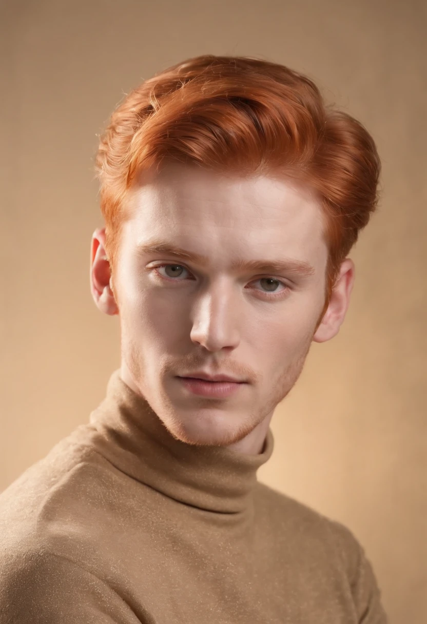 young red-haired man, in turtleneck shirt, gold color, dynamic pose, side view, light background, front lighting, medium shot, high quality photo