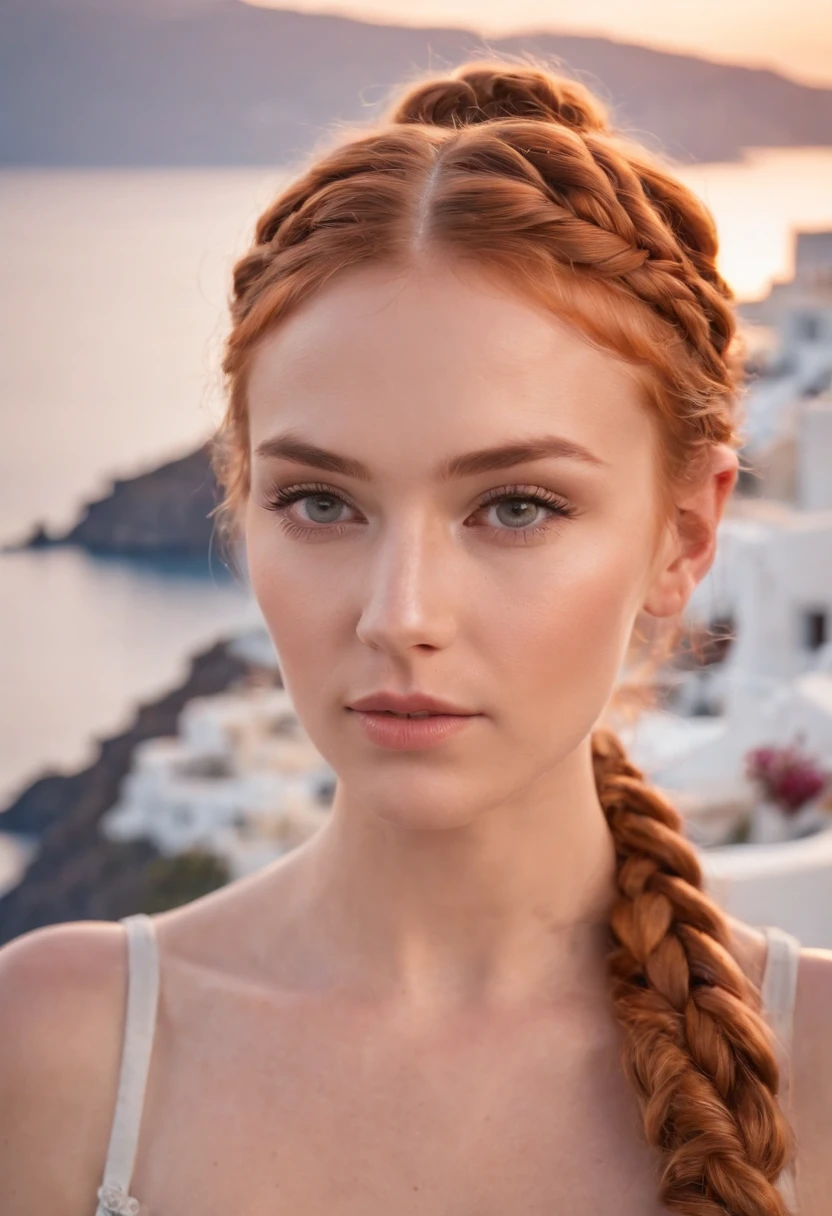 A beautiful young and beautiful attractive girl with ginger braided hair in a bun wearing glamorous makeup, watching the sunset in Santorini, Greece. looking at the camera, Meio Corpo, fotorrealista,medium shot