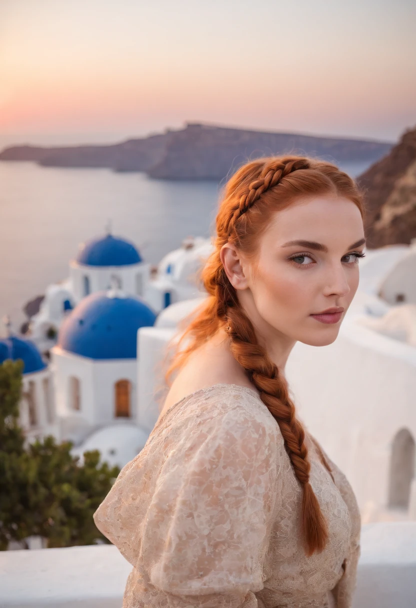 A beautiful young and beautiful attractive girl with ginger braided hair in a bun wearing glamorous makeup, watching the sunset in Santorini, Greece. looking at the camera, Meio Corpo, fotorrealista,medium shot