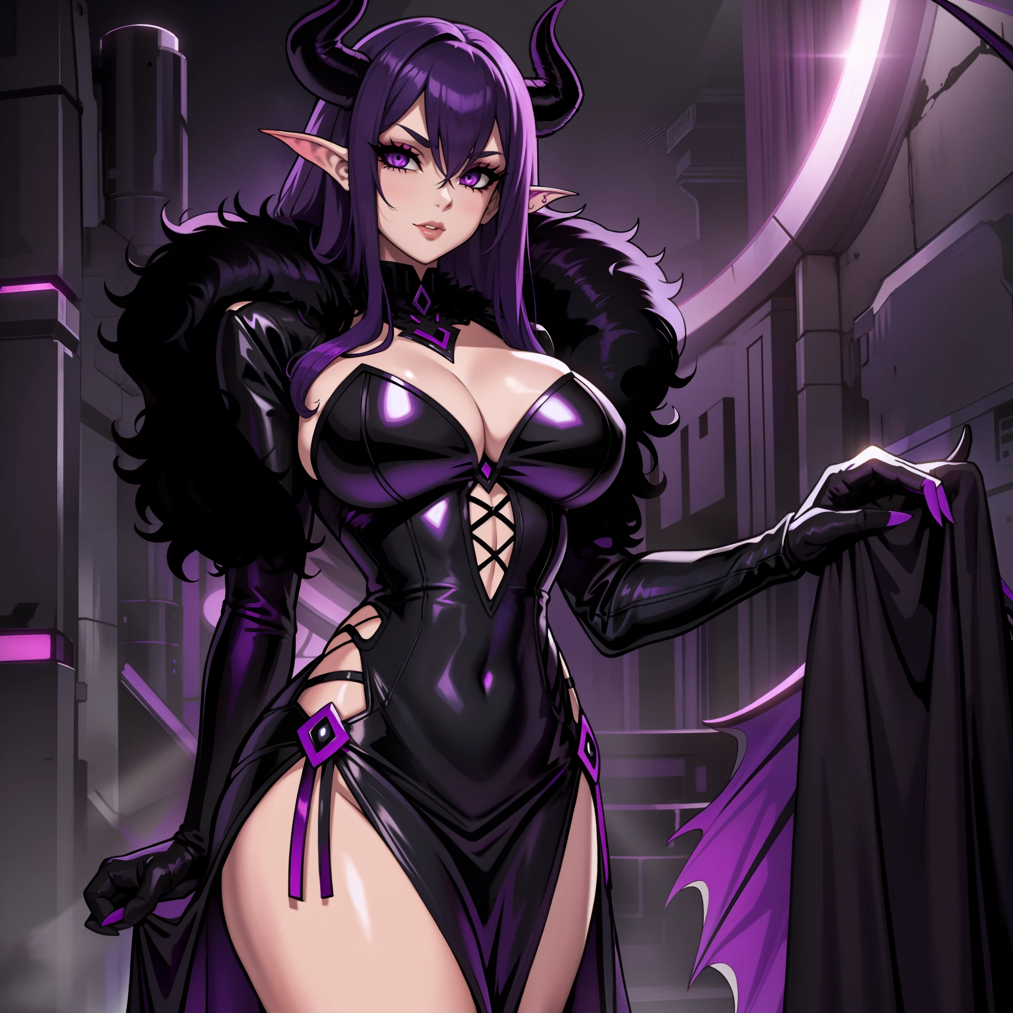 succubus with purple hair, purple eyes, wearing black and redsexy fur lined dress