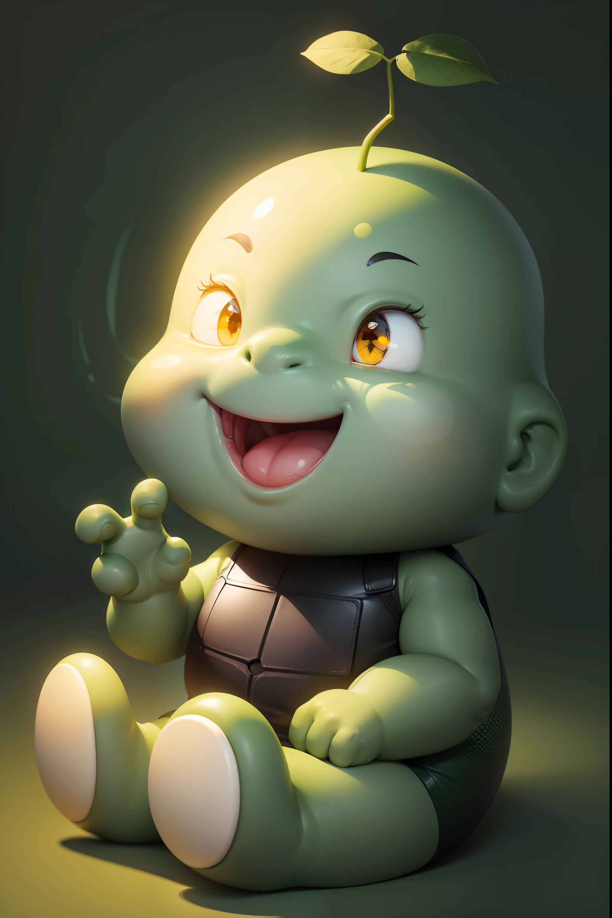 Cute cartoon,Sit Pose,Green skin,Redfaced,黑The eye,Yellow belly,Make 2 gestures with your right hand,ssmile
