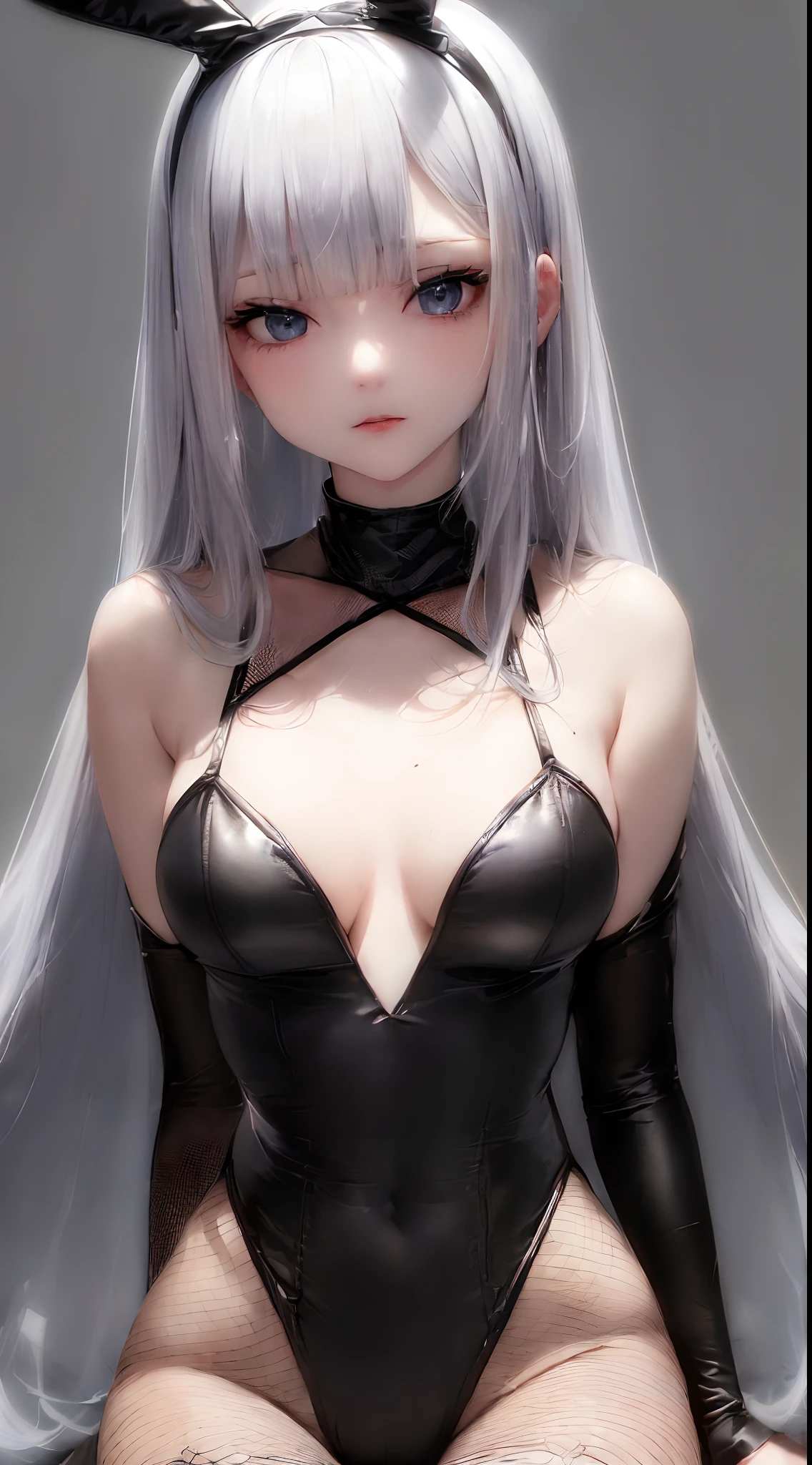 (((silber hair、Cowboy Shot、Upper body、 upper body closeup、Portrait、looking in camera)))、[monochromes:Subdued Color:2.6] theme, (masutepiece), (Best Quality), , Light Layer, Lustrous skin, (intricate-detail , taut clothes, ),  White hair, Long hair, hime-cut, Blunt bangs、Blue eyes、 30s、(maturefemale)、((Leotard、Black Bunny Girl、fishnet tights、Beautiful breasts、length hair))、symmetry、Thick lip、Lustrous lips、Tall lady、Standing Pose、white backgrounid、simple background、Single-color background、femele１a person、put down hands