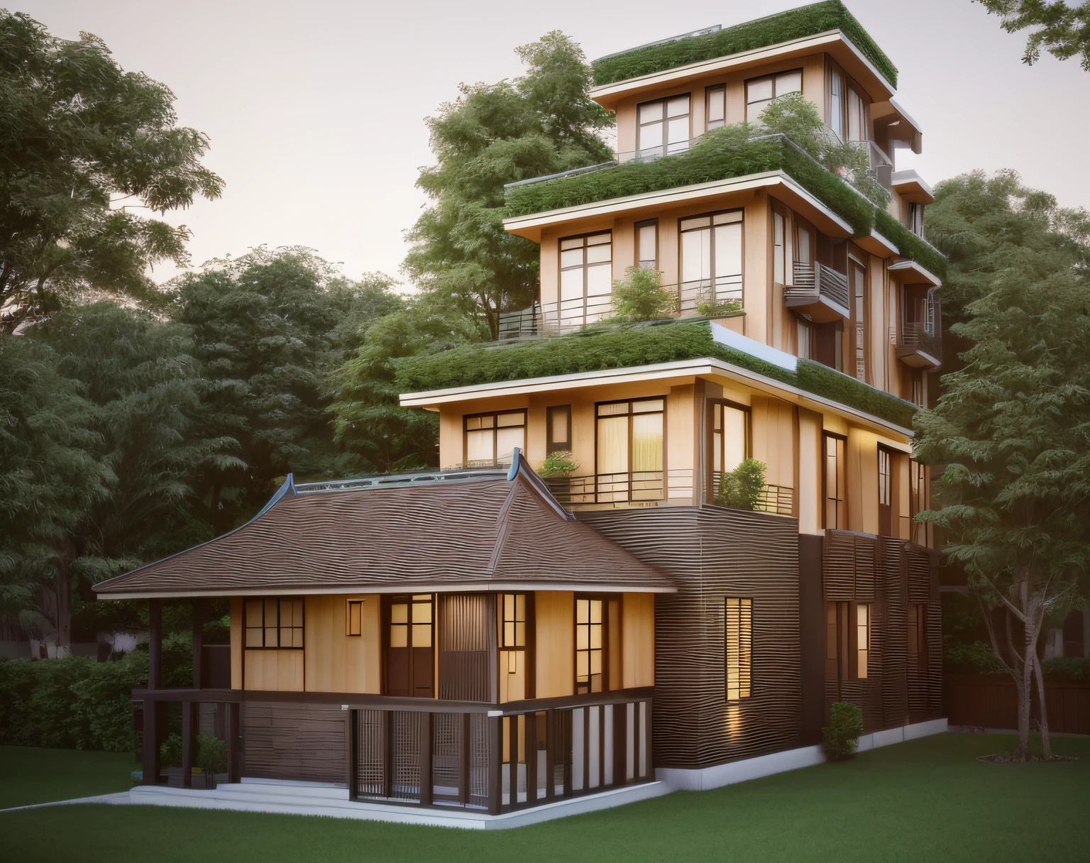 in front is a house with a wooden porch and a small deck, in the back is a building with 7 floors, modern classic model house, brown and lemon yellow wall, in the middle is a small japaness botique garden to connect 2 hosue, 3d rendering, an extremely detailed building, realistic building, architectural concept, perspective view, with 3d render, architecture render, 3d perspective, from street level, elevation view, renrender