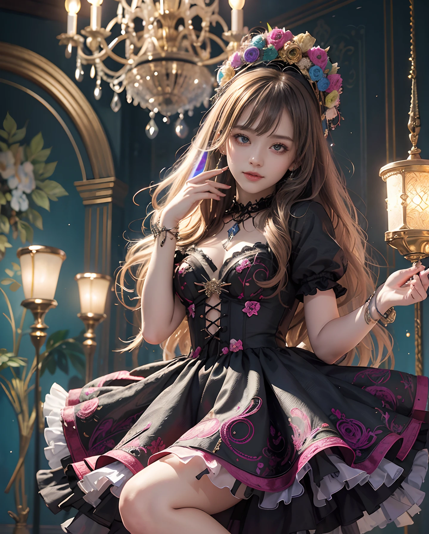 masutepiece、hight resolution、Gothic Lolita costumes、Intricately drawn paisley pattern、10,000 colors、colourfull、Craftsmanship、1girl with、9th class、Look at the viewer、smil、Okappa、short-cut、Diamond brilliance、colorful decorations、Particles of light flutter、Detailed Gothic style、(maximalism:1.5)、diffuse lighting、(depth of fields:1.8)、gothic lorita、Diffuse reflection of light、((Background ratio:65%)、Beautiful thin legs、The background is a beautiful chandelier inside the castle、Glitter background、