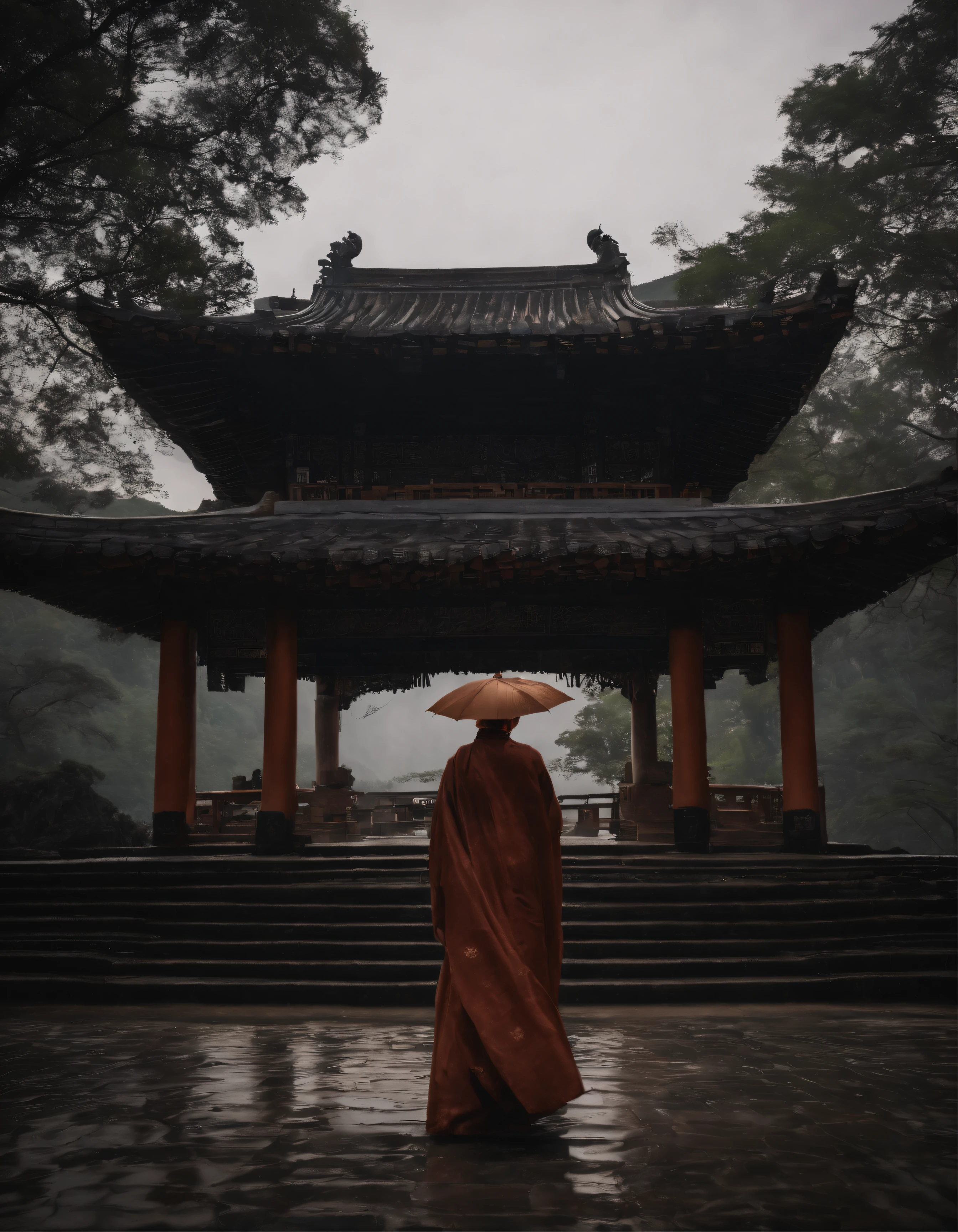 A girl wearing a Hanfu umbrella,Behind him is the temple,Walking alone in heavy rain,In the distance are mountains and waterfalls,tmasterpiece,Masterpiece,rich details,Da Vinci color grading,4D cinematic texture