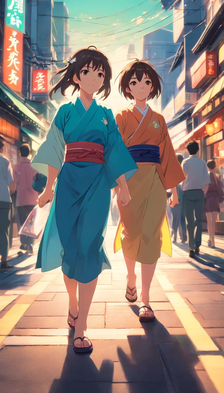 best quality,realistic,highres,(HDR:1.1),(vivid colors:1.1),ultra-detailed,photography,sharp focus,professional,bokeh,studio lighting, physically-based rendering, Two girls, wearing traditional Japanese clothes, walking across a busy street