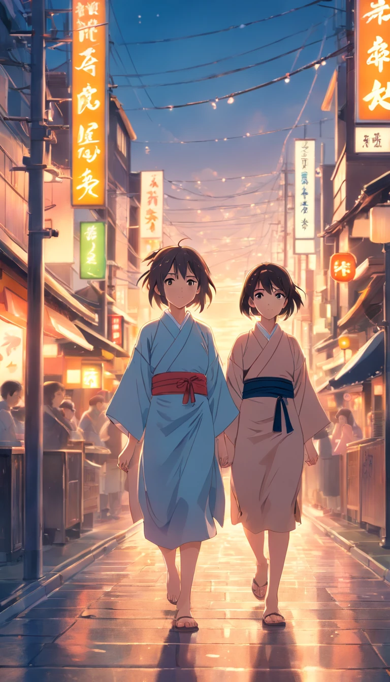 best quality,realistic,highres,(HDR:1.1),(vivid colors:1.1),ultra-detailed,photography,sharp focus,professional,bokeh,studio lighting, physically-based rendering, Two girls, wearing traditional Japanese clothes, walking across a busy street