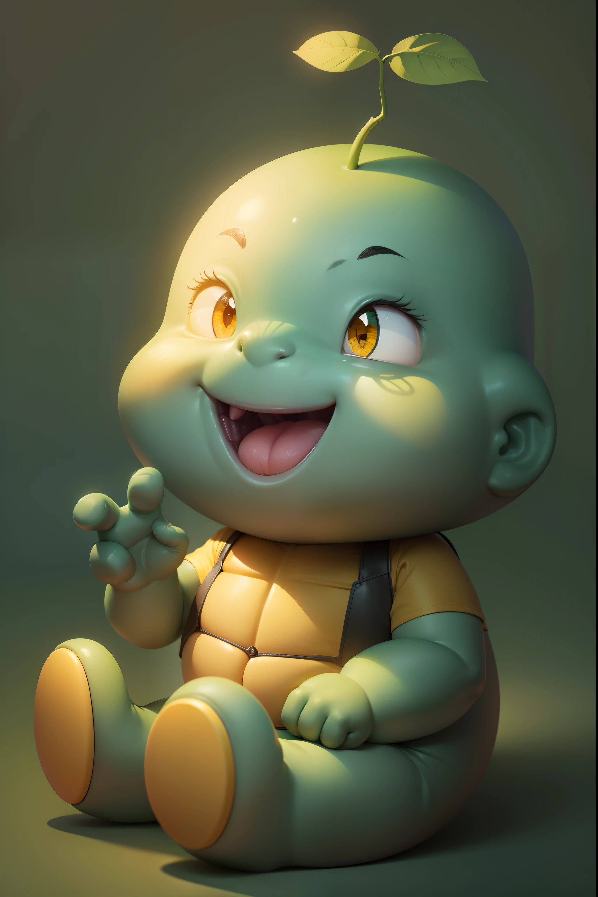 Cute cartoon,Sit Pose,Green skin,Redfaced,黑The eye,Yellow belly,Make 2 gestures with your right hand,ssmile