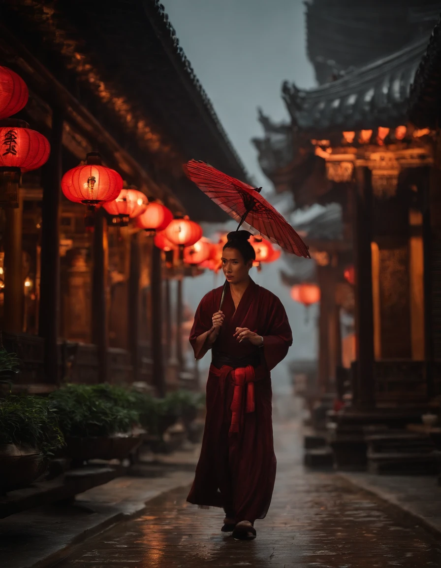 Girl wearing a Hanfu umbrella,Behind him is the temple,Walking alone in heavy rain,In the distance are mountains and waterfalls,tmasterpiece,Masterpiece,rich details,cinematic colorgrade,4D movie textures