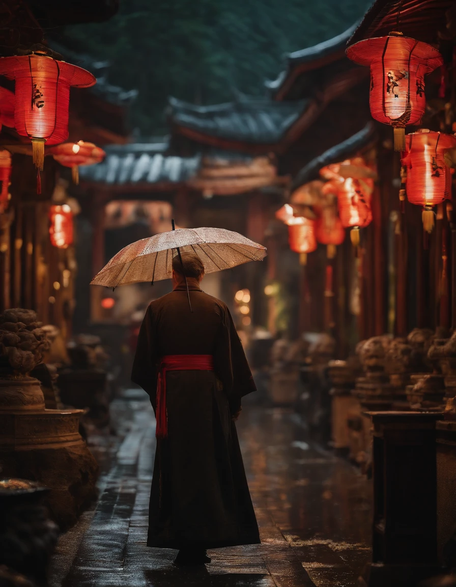 Girl wearing a Hanfu umbrella,Behind him is the temple,Walking alone in heavy rain,In the distance are mountains and waterfalls,tmasterpiece,Masterpiece,rich details,cinematic colorgrade,4D movie textures