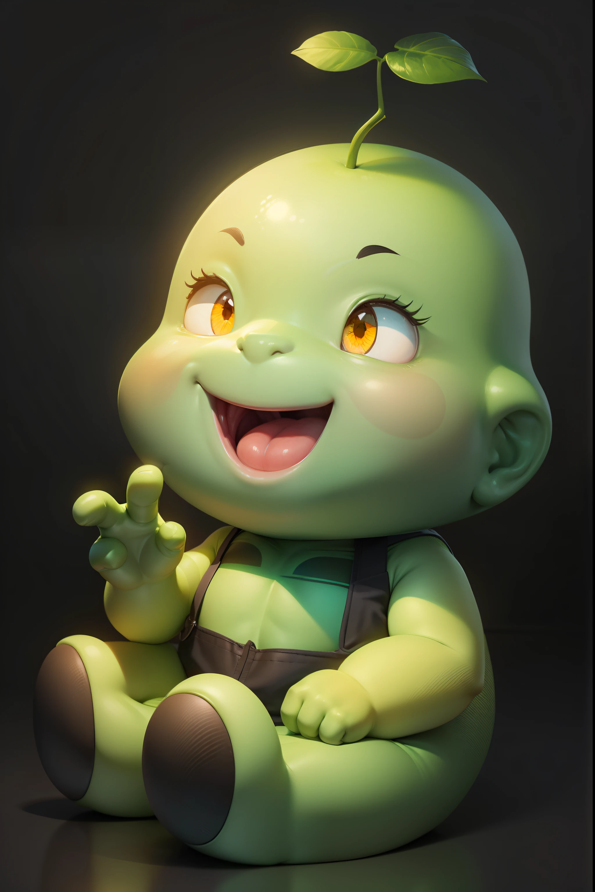 Cute cartoon,Sit Pose,Green skin,Redfaced,黑The eye,Yellow belly,Make 2 gestures with your right hand,ssmile