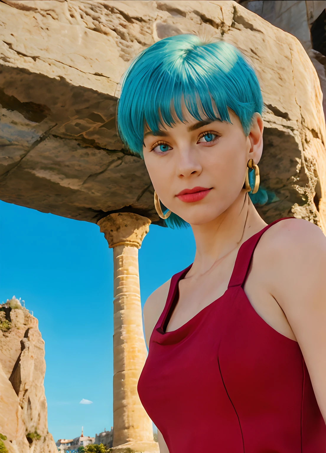 masterpiece, best quality, highest quality, (perfect illumination), (photorealistic), perfect anatomy, perfect face, perfect eyes,
bulmadbzreddress, aqua hair, short hair, blue eyes, earrings, red dress, yellow scarf, blue sky, clouds, on a cliff looking a city