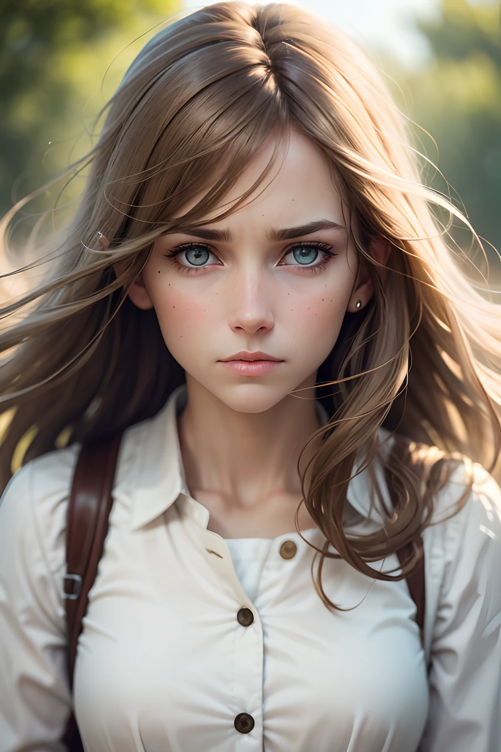 white woman with light eyes and light brown hair, with a sad face, facing completely forward, medium focus distance