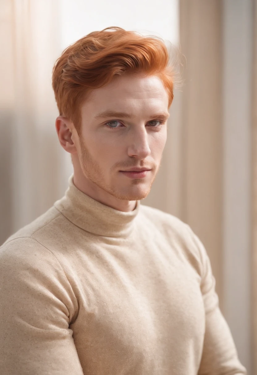 young red-haired man, in turtleneck shirt, gold color, dynamic pose, side view, light background, front lighting, medium shot, high quality photo,upper body