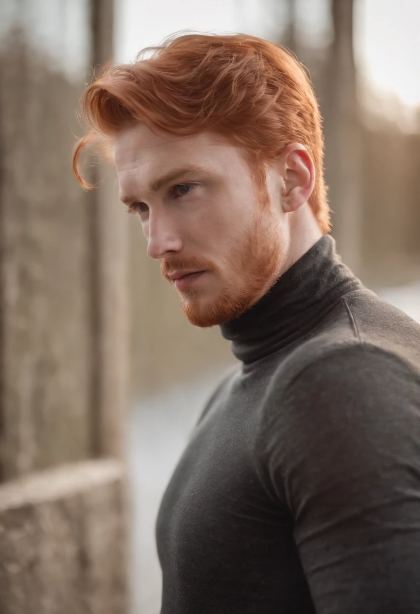 young red-haired man, in turtleneck shirt, gold color, dynamic pose, side view, light background, front lighting, medium shot, high quality photo，upper body