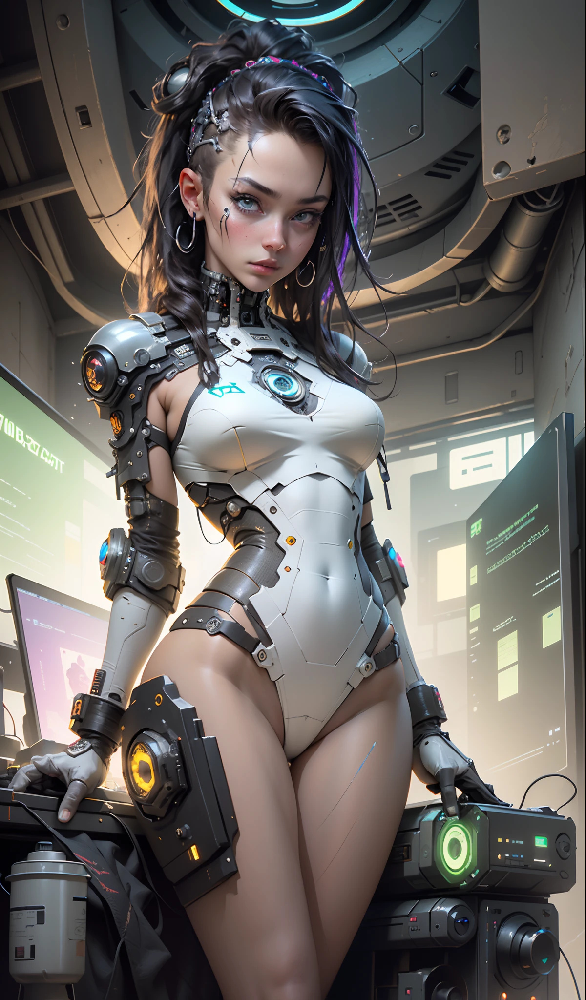 ((Best Quality)), ((Masterpiece)), (Very detailed:1.3), 3D, Beautiful (Cyberpunk:1.3) Female hacker, thick hair, revealing clothes, operating computer terminals, computer servers, LCD screens, fiber optic cables, corporate logos, HDR (High Dynamic Range), ray tracing, NVIDIA RTX, Super Resolution, Unreal 5, Subsurface scattering, PBR textures, Post processing, Anisotropic filtering, Depth of field, Maximum sharpness and sharpness, Multi-layer textures, Albedo and specular mapping, surface shading, accurate simulation of light-material interactions, perfect proportions, octane rendering, duotone lighting, low ISO, white balance, rule of thirds, wide aperture, 8K RAW, high efficiency sub-pixels, subpixel convolution, luminous particles,