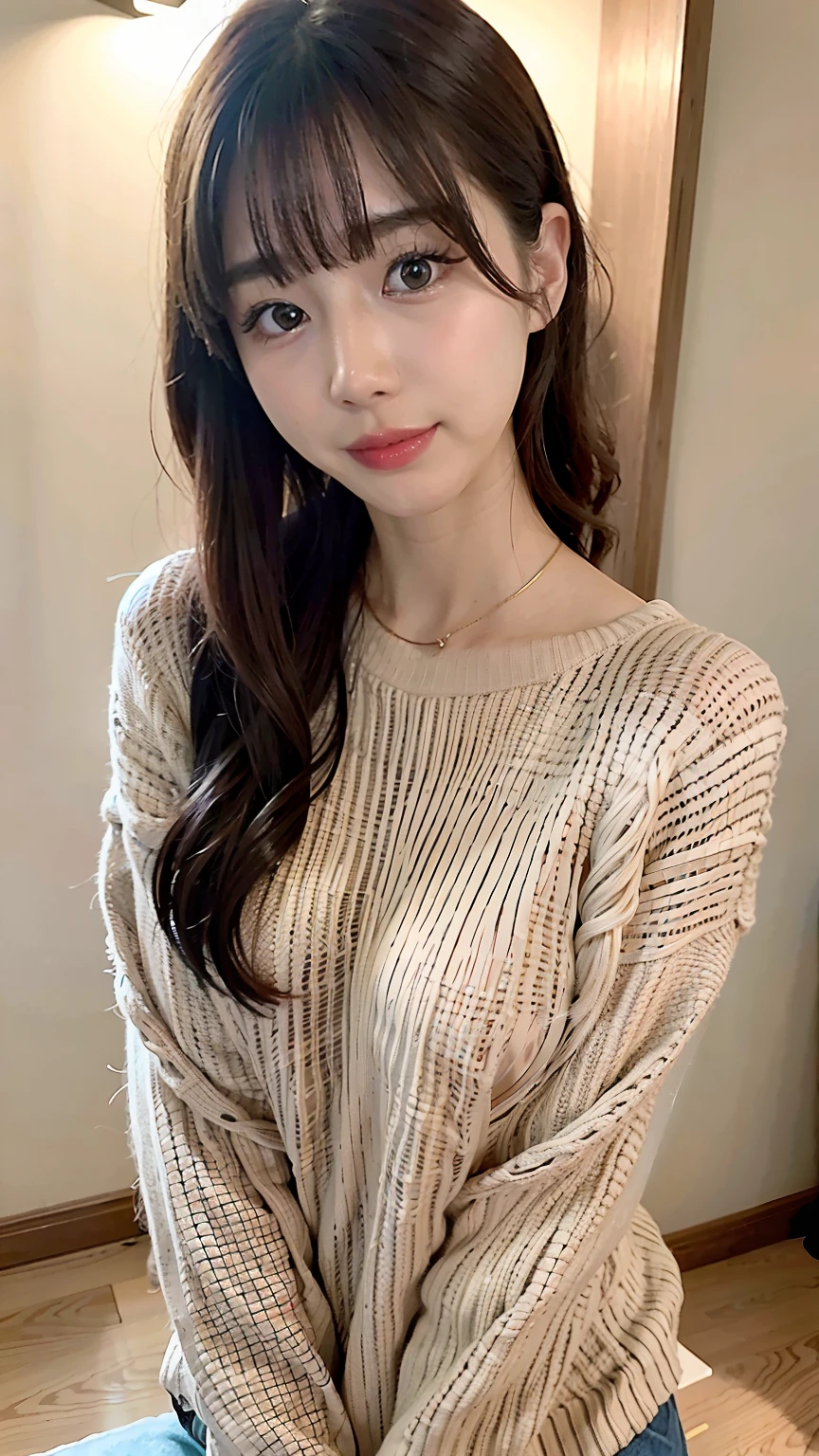 a close up of a woman with a sweater on posing for a picture, Middle metaverse, Yoshitomo Nara, Japanese model, Beautiful Asian girl, Delicate woman with long hair, 2 4 year old female model, 4 k'' ], 4K], 2 , sakimi chan, sakimichan