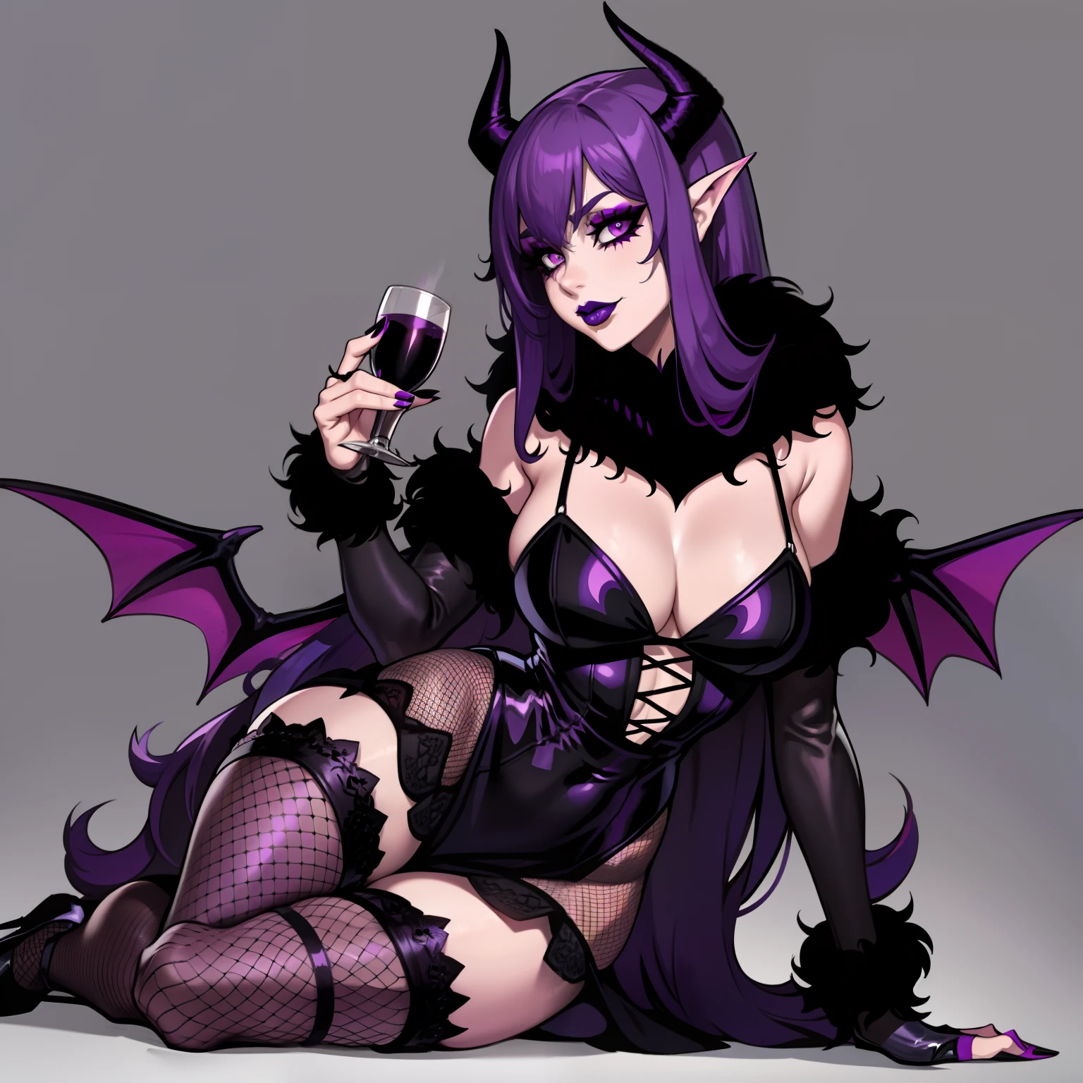 succubus with purple hair, purple eyes, wearing black and redsexy fur lined dress, wearing black lipstick, wearing knee high fishnets