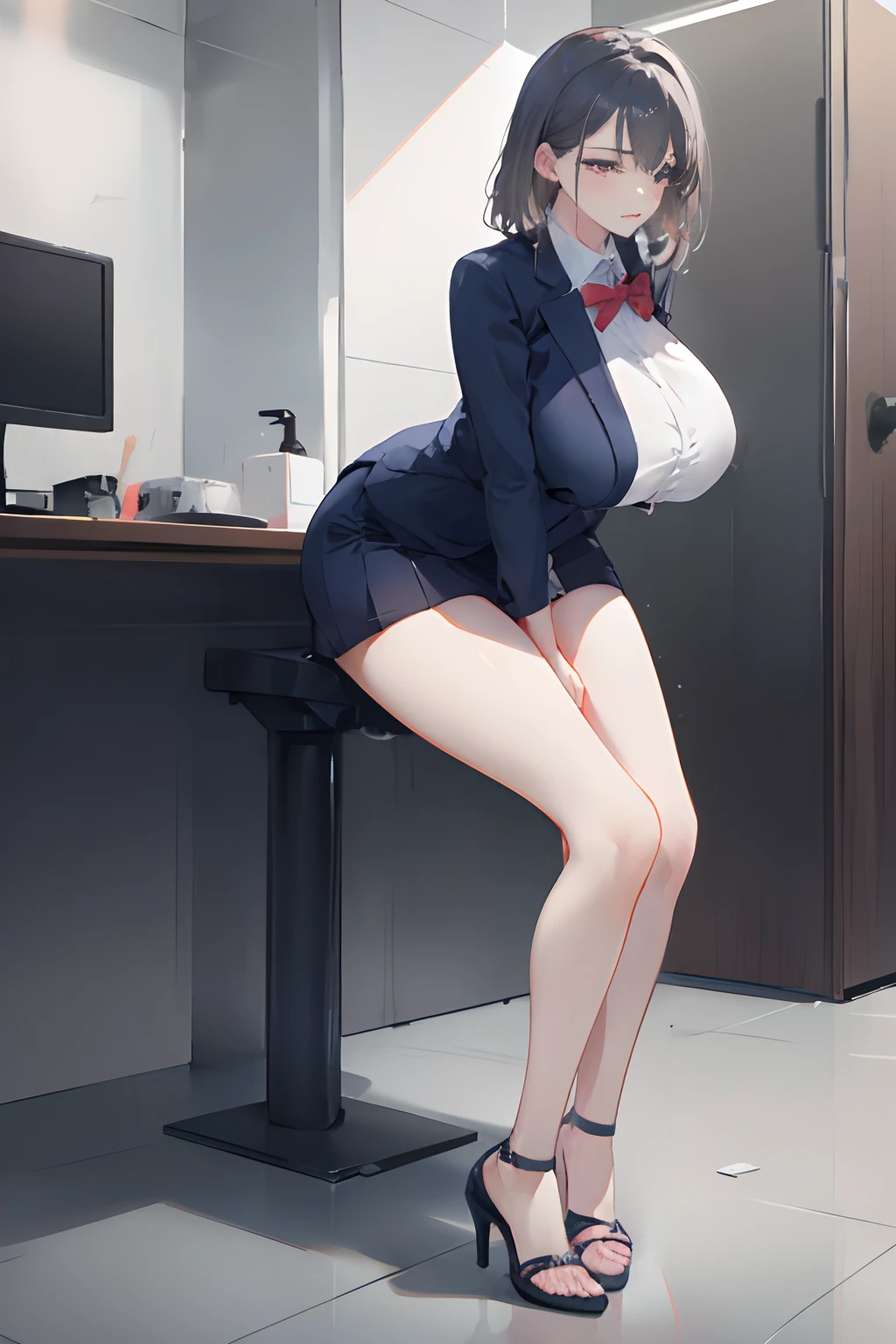 Sexy secretary,curvy hip, full body shot of, High-heeled sandals, tights in a net, Stiletto heels, Women's suit skirt, She really wanted to pee, At the office, On the secretary's deck, wants to pee, desperately wants to pee, wants to urinate, An expression of shame on his face, Confusion, Desperation on the face, Crying, Pinch the crotch of your pants with your hands, crumples the hem of the skirt with his hands, Knees clenched together, Tense posture, bites his lower lip, full bladder, terribly wants to go to the toilet, Anatomically correct, Realistic, the sideview,Ultra-realistic 8K CG,Flawless face,flawless perfection,Full body big,Huge breasts,A sagging breast,long leges,Slim,being thin,Lower chest position,Swollen breasts,crisp breasts,Breasts during lactation,Lactation,Tender white skin,squeezing breasts,Heavy breasts,
