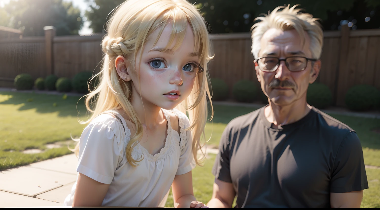 7  blonde hair, playing outside with her father