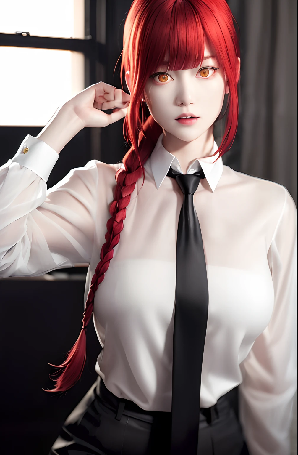 masterpiece, (photorealistic:1.4), best quality, beautiful lighting,
(ulzzang-6500:0.5), makima \(chainsaw man\), (red hair)+(long braided hair)+(bangs), yellow eyes, golden eyes, ((ringed eyes)), (white shirt), (necktie),
RAW photo, 8k uhd, film grain, blush, LIPS, seductive look, wet body, smile