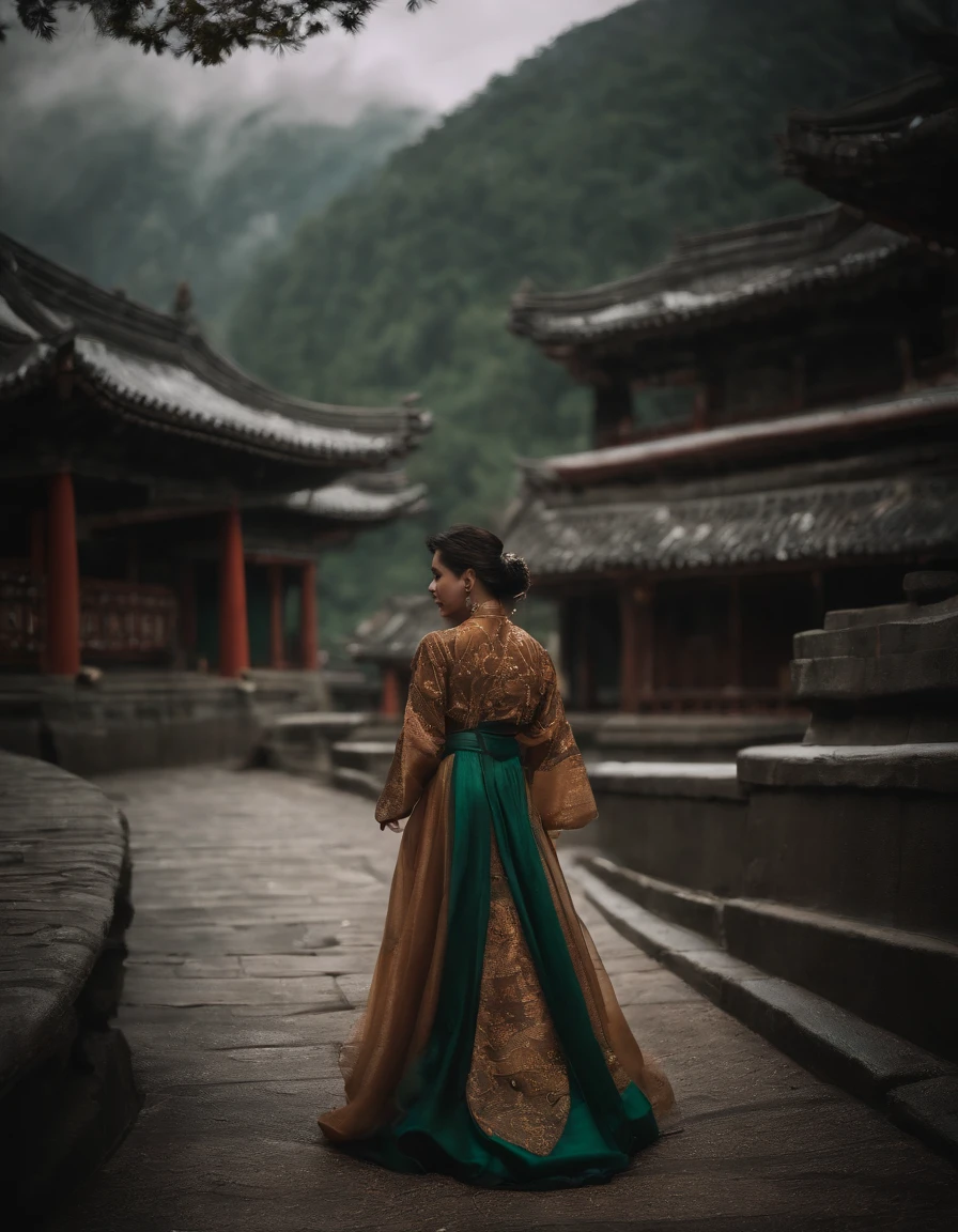 Girl wearing a Hanfu umbrella,Behind her is the temple,Walking alone in heavy rain,In the distance are mountains and waterfalls,tmasterpiece,Masterpiece,rich details,4D movie textures