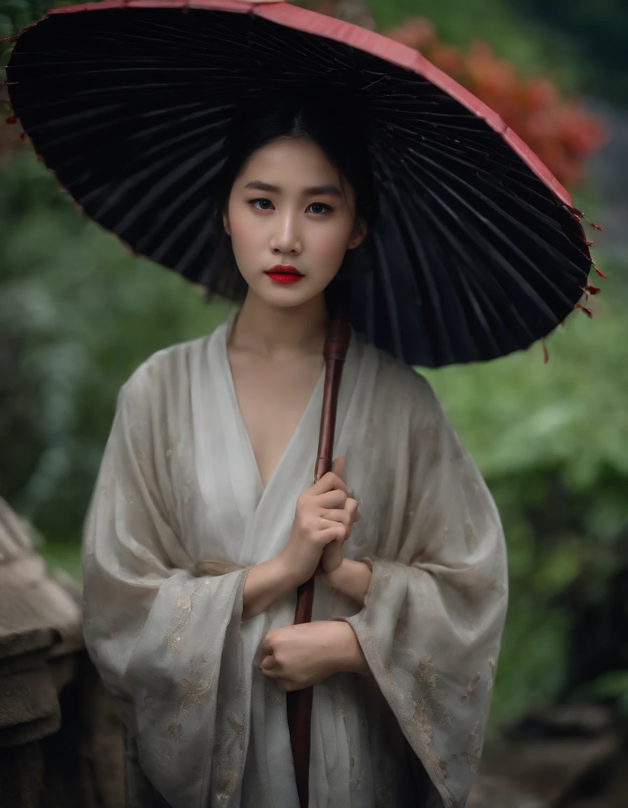 Girl wearing a Hanfu umbrella,Behind her is the temple,Walking alone in heavy rain,In the distance are mountains and waterfalls,tmasterpiece,Masterpiece,rich details,4D movie textures
