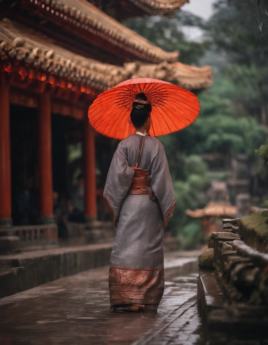 Girl wearing a Hanfu umbrella,Behind her is the temple,Walking alone in heavy rain,In the distance are mountains and waterfalls,tmasterpiece,Masterpiece,rich details,4D movie textures