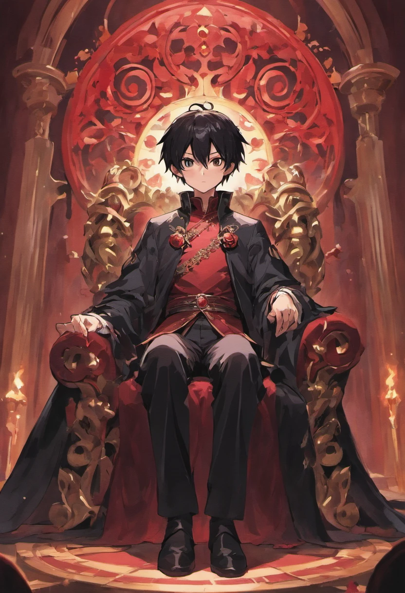 Describe a  boy with black hair and crimson rose-like eyes. The one sitting on the throne is like the antagonist in a fictional story