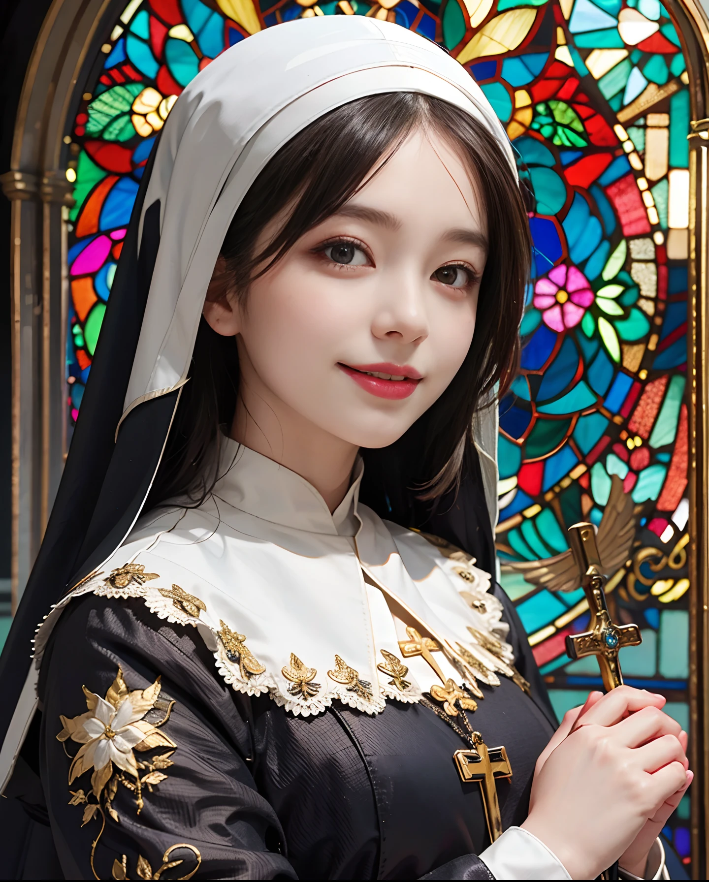 masutepiece、hight resolution、Nun costume、1girl with、Beautiful nun、9th class、Look at the viewer、smil、Okappa、The background is a monastery、Glitter background、Beautiful stained glass、the skin is white and transparent、Beautiful nun praying to God、Angel's Smile、