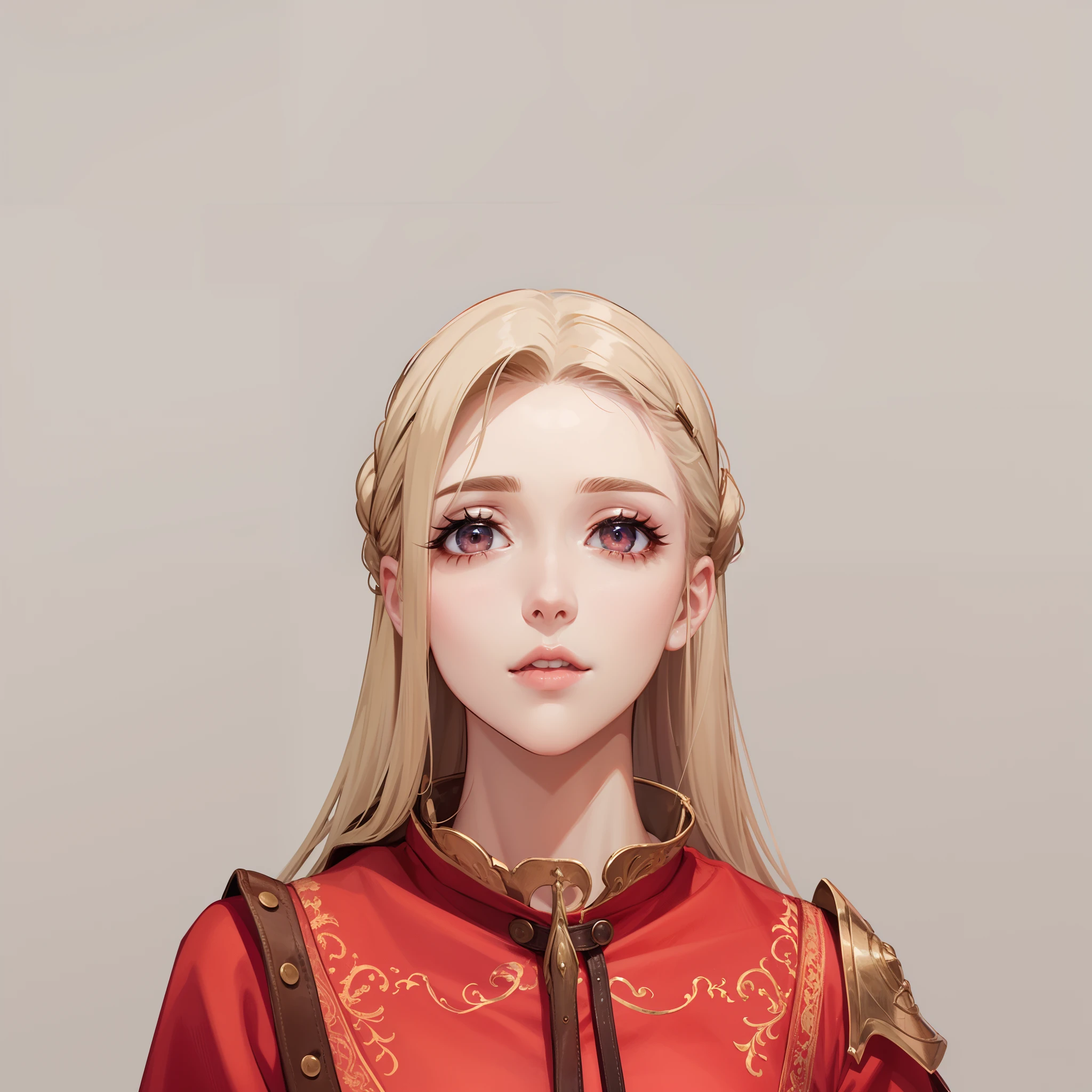 Mulher olhos vermelhos, roupa medieval. Casaco vermelho medieval