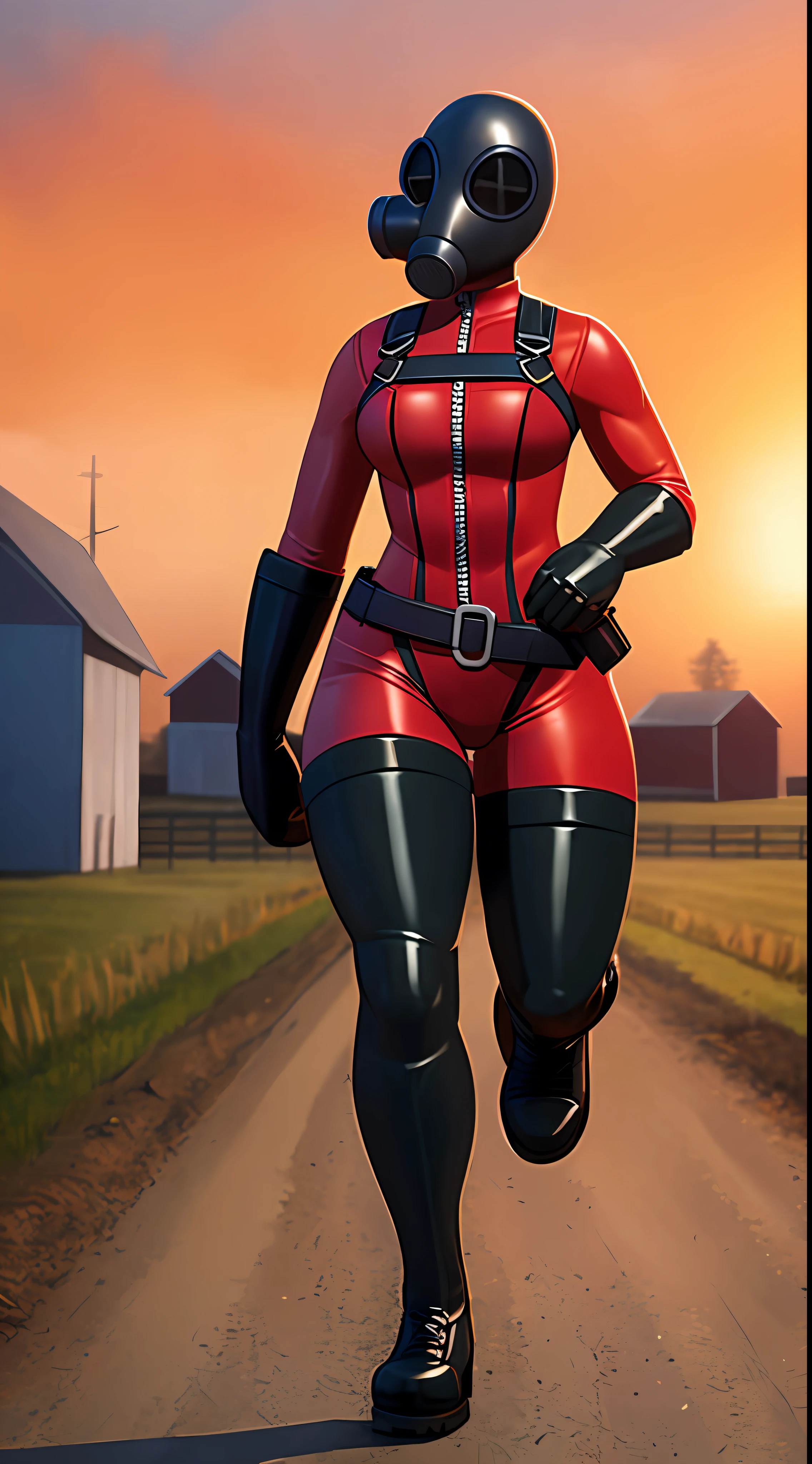 1girl, solo, gas mask, mask, gloves, thighhighs, belt, harness, boots,  red bodysuit, skin tight, zipper, pose, high detail, high resolution, raw photo, outside on farm, cleavage, (running), hot, breath, sweat