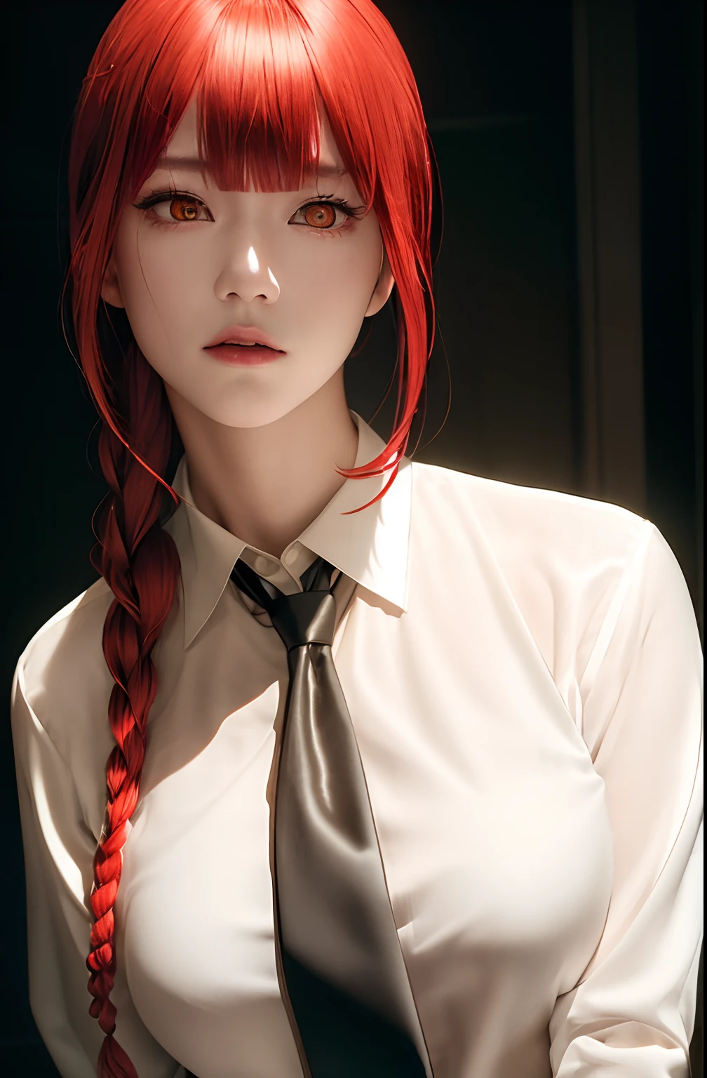 masterpiece, (photorealistic:1.4), best quality, beautiful lighting,
(ulzzang-6500:0.5), makima \(chainsaw man\), (red hair)+(long braided hair)+(bangs), yellow eyes, golden eyes, ((ringed eyes)), (white shirt), (necktie),
RAW photo, 8k uhd, film grain