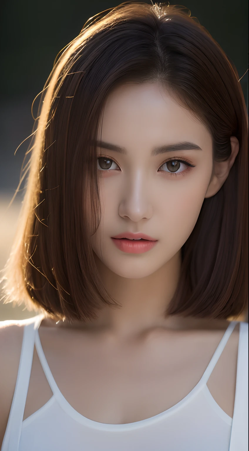 ((Realistic lighting, Best quality, 8K, Masterpiece: 1.3)), Clear focus: 1.2, 1girl, Perfect beauty: 1.4, Slim abs: 1.1, ((Dark brown hair)), (White crop top: 1.4), (Outdoor, Night: 1.1), Park view, Super fine face, Fine eyes, Double eyelids,