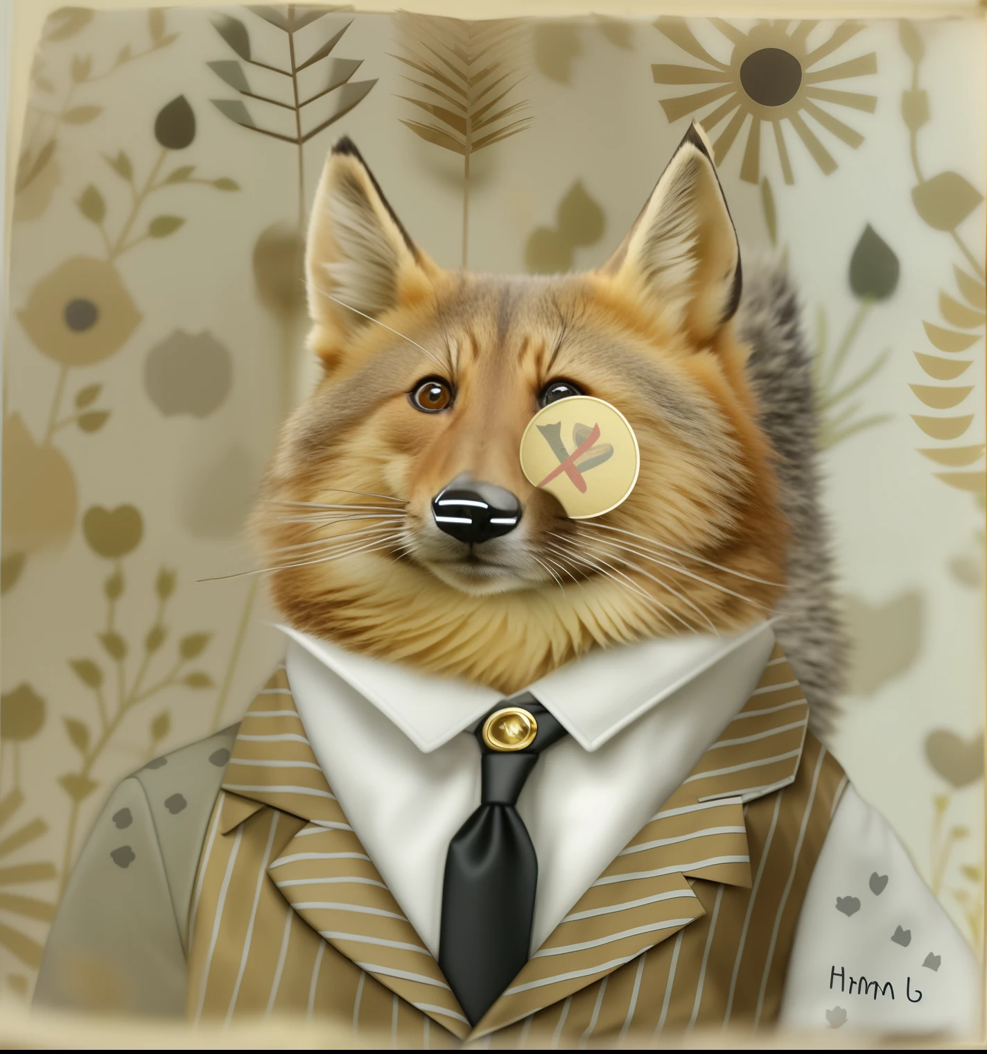 There is a photo of a cat wearing a suit and tie, portrait of anthropomorphic bear, anthropomorphic cat, Anthropomorphic fox, anthropomorphic racoon, anthropomorphic wolf, Anthropomorphic fox, anthropomorphic character, mutton chops, a raccoon wearing formal clothes