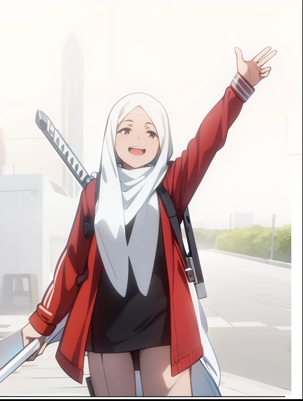 1girl, ultra detail, realistic, 70mm inc, white hijab, full smile, holding a white sword
