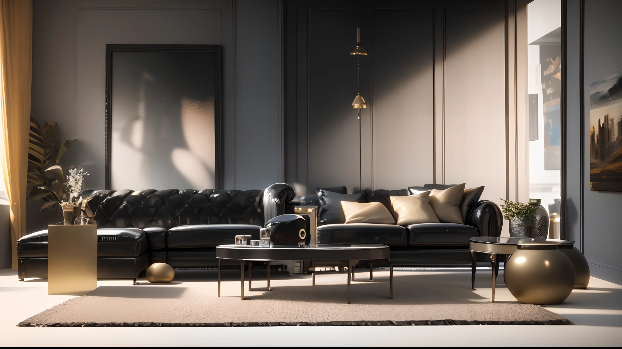 a view of a living room with a couch, coffee table, and a painting, furniture concept photo!!, in style of 3d render, inspired by Emilio Grau Sala, concept eclectic, gold and black color scheme, very realistic 3 d render, highly rendered!!, detailed 3 d render, detailed 3d render, 2 d render, interior design details