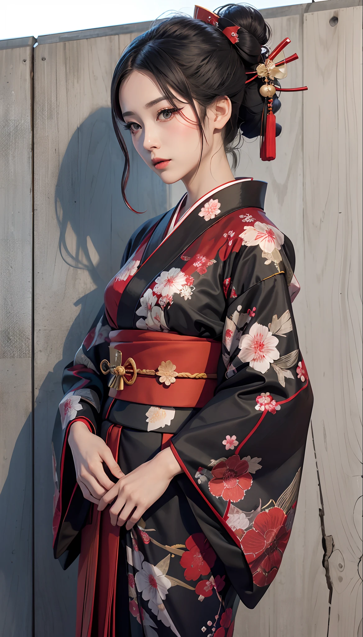 The Arad woman in a kimono stands against the wall, intricate hakama, hakama kimono, Japanese clothes, wearing a haori, wearing hakama, red kimono, multilayered outfit, Hanfu, classic kimono, Japanese kimono, intricate geisha kimono, red and grey only, clothes from the future, Wearing a kimono, komono, damaged japanese clothes