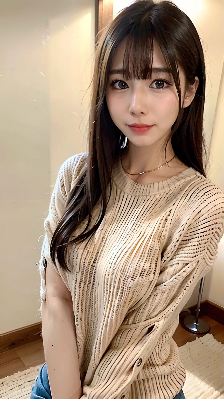 a close up of a woman with a sweater on posing for a picture, Middle metaverse, Yoshitomo Nara, Japanese model, Beautiful Asian girl, Delicate woman with long hair, 2 4 year old female model, 4 k'' ], 4K], 2 , sakimi chan, sakimichan